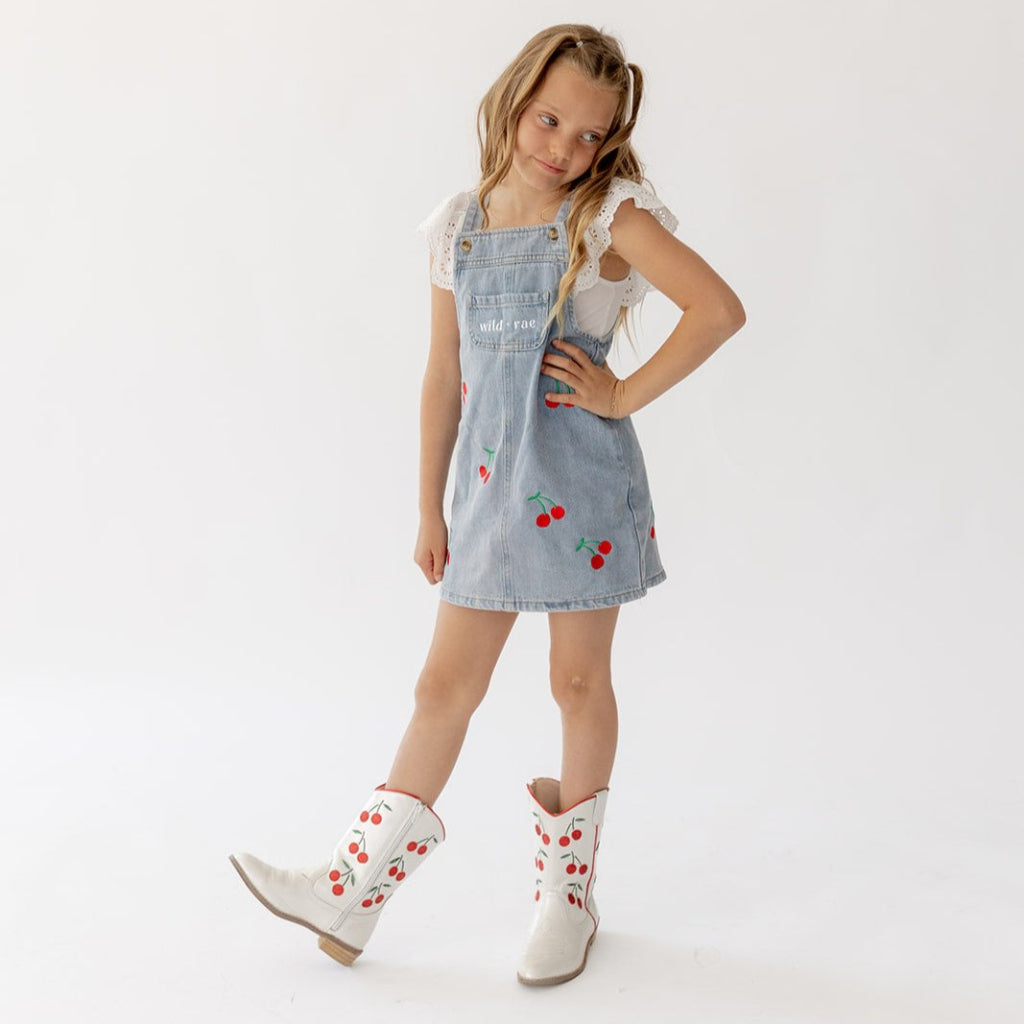 Wild Cherry Denim Dress Denim / 12-18M by Wild and Rae Wild Cherry Denim Dress Denim / 12-18M by Wild and Rae