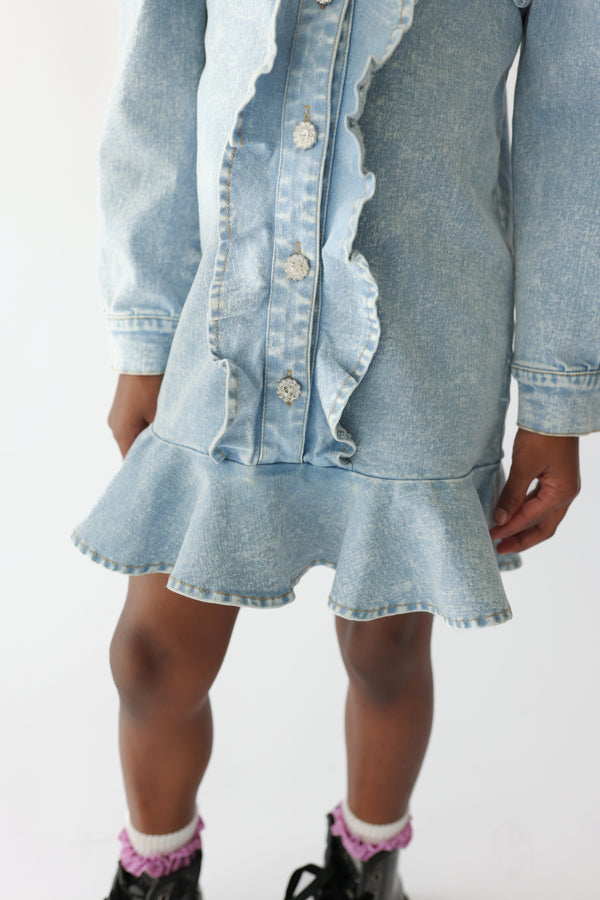 Denim Ruffle Long Sleeve Gem Button Dress