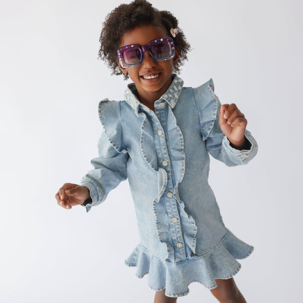 Denim Ruffle Long Sleeve Gem Button Dress